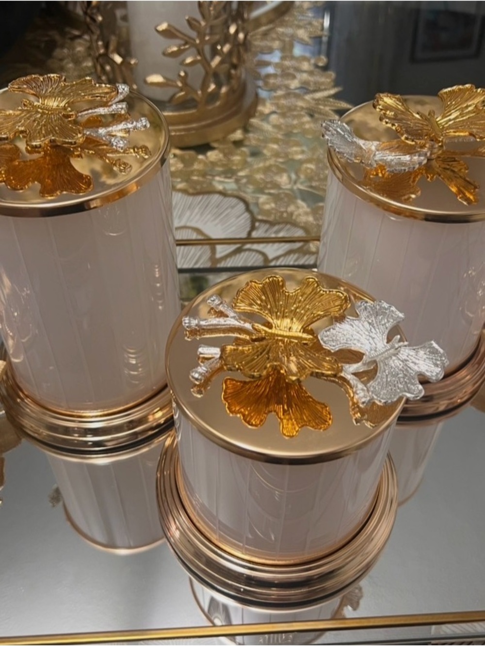 Elegant Gold & White Decorative Trinket Jar with Leaf Accent